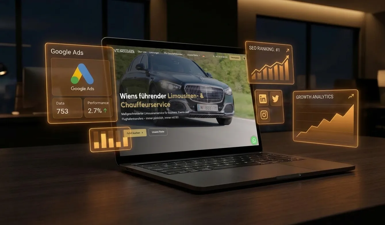 Laptop mit der Website eines Chauffeurunternehmens, daneben Kennzahlen aus Google Ads und SEO